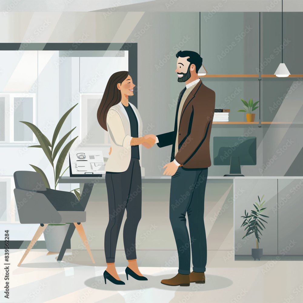 Fototapeta premium Businessman and businesswoman shaking hands in office