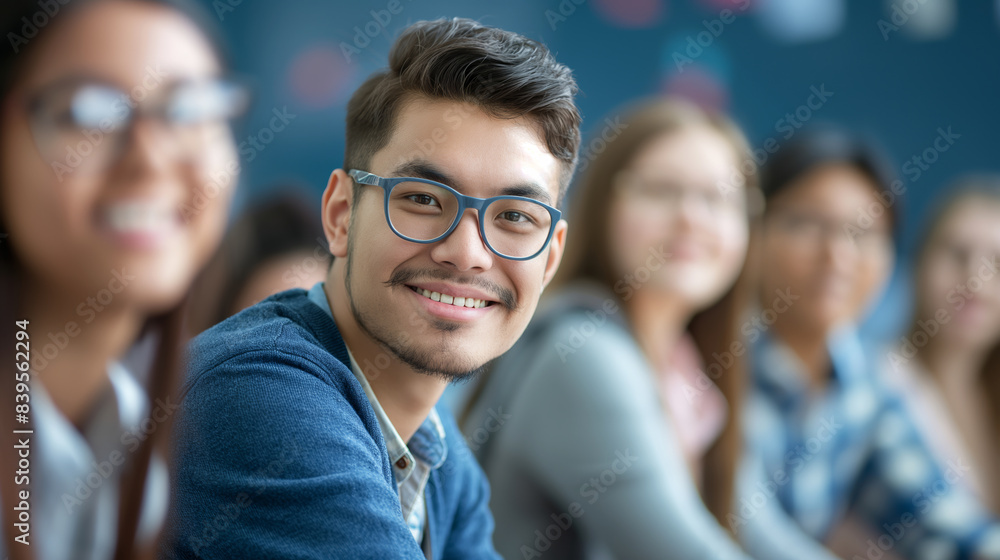 A group of people are sitting together, one of them is wearing glasses and smiling. Concept of camaraderie. Teacher with clear visible face staying in front of students smiling and watching in camera A group of people are sitting together, one of them is wearing glasses and smiling. Concept of camaraderie. Teacher with clear visible face staying in front of students smiling and watching in camera