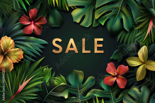 the inscription "sale" on a dark green background with tropical leaves and flowers, summer discounts, seasonal sale © Kate