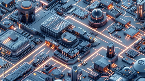 Futuristic circuit board with glowing orange lines for technology or science themed designs