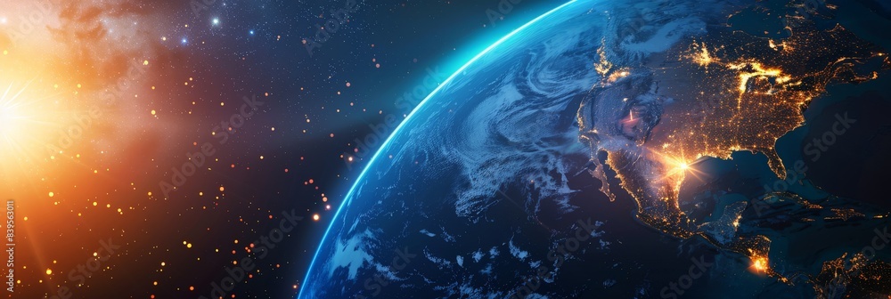 Illuminated view of Earth from space with city lights and the Milky Way ...