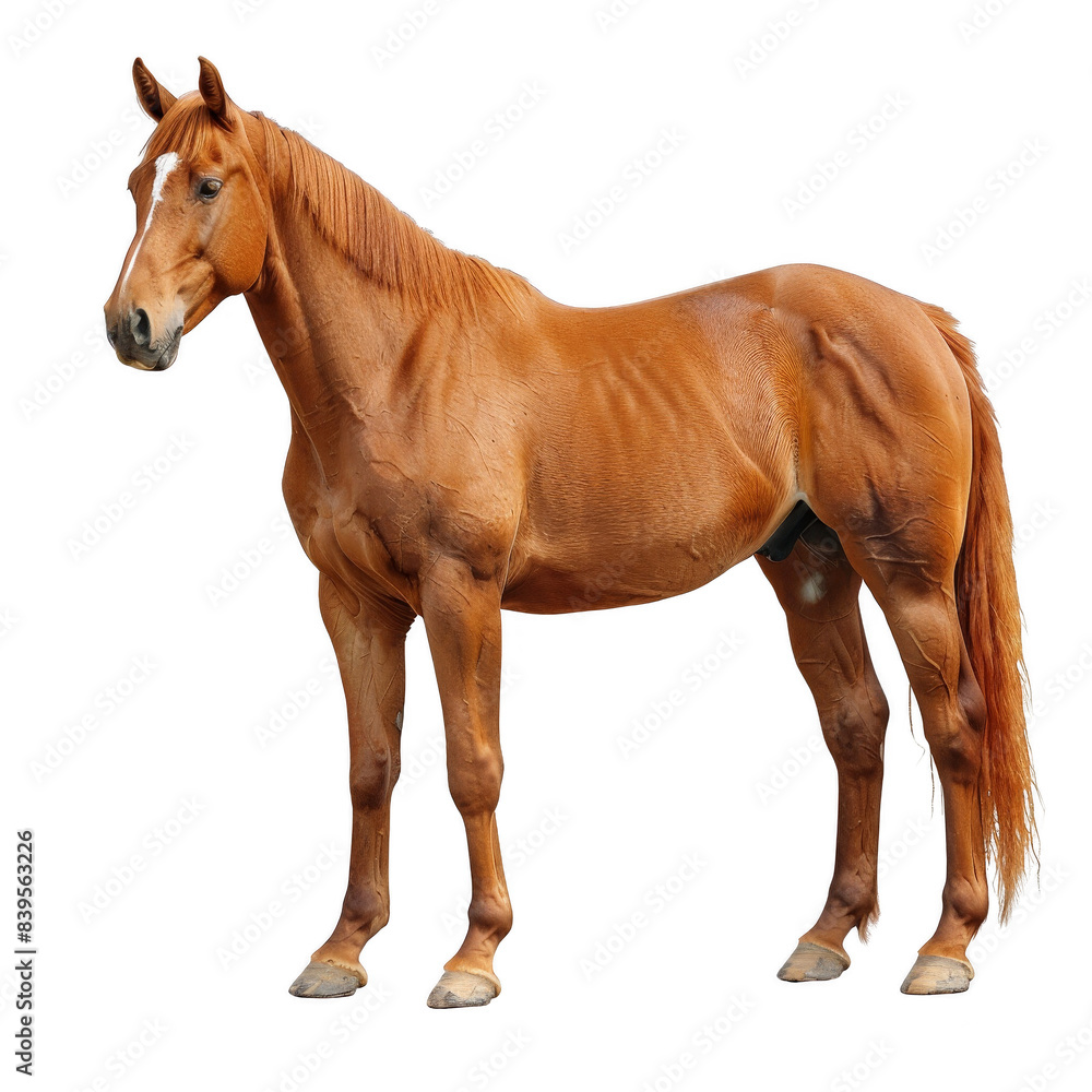 Obraz premium Majestic chestnut-colored horse standing gracefully, showcasing strength and elegance against a transparent background. Perfect for various uses. PNG transparent