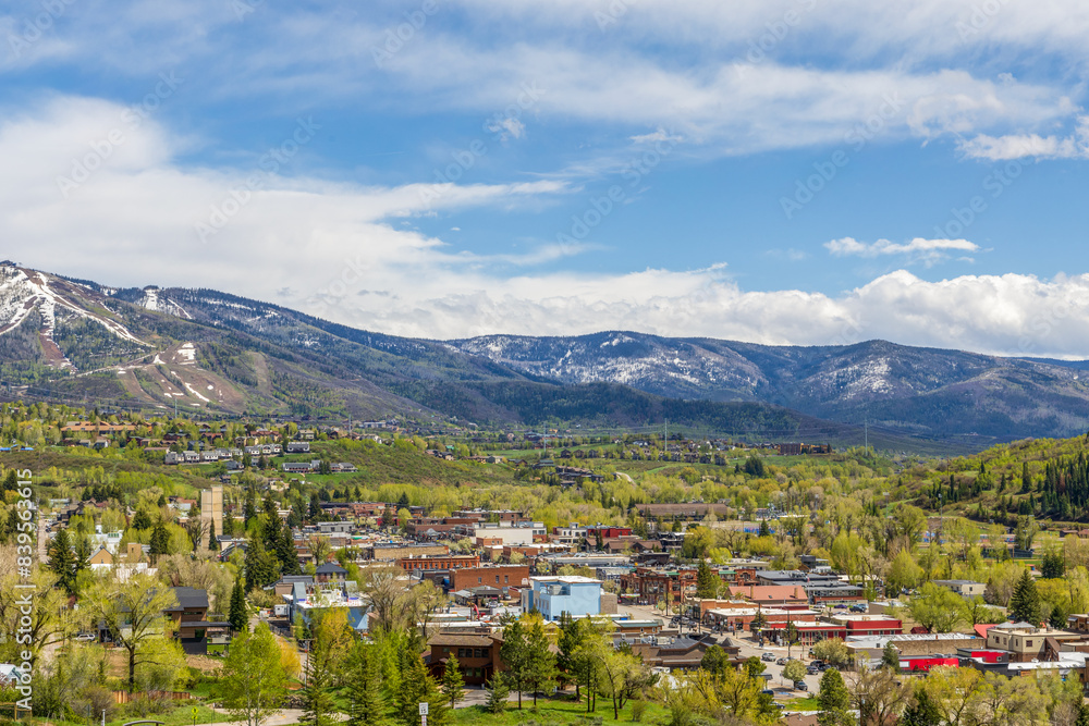 Obraz premium Aerial View of Downtown Steamboat Springs, Colorado, in the spring