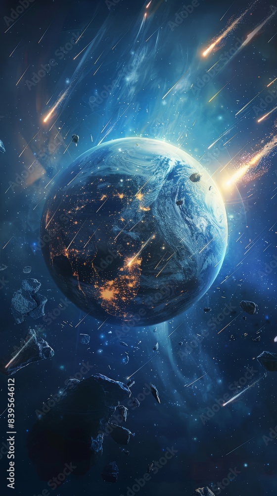Obraz premium Planet Earth with meteor showers and asteroids approaching from space. Celestial events and cosmic impact
