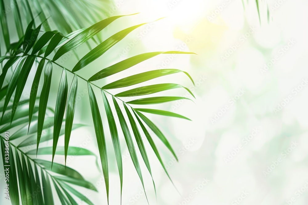 Green palm leaf in sunlight vibrant minimalist crisp white background selective focus dynamic manipulation fresh backdrop Green palm leaf in sunlight vibrant minimalist crisp white background selective focus dynamic manipulation fresh backdrop