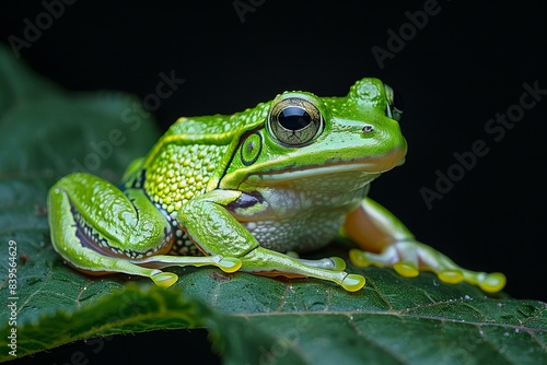 Featuring a green frog sitting on a leaf, high quality, high resolution