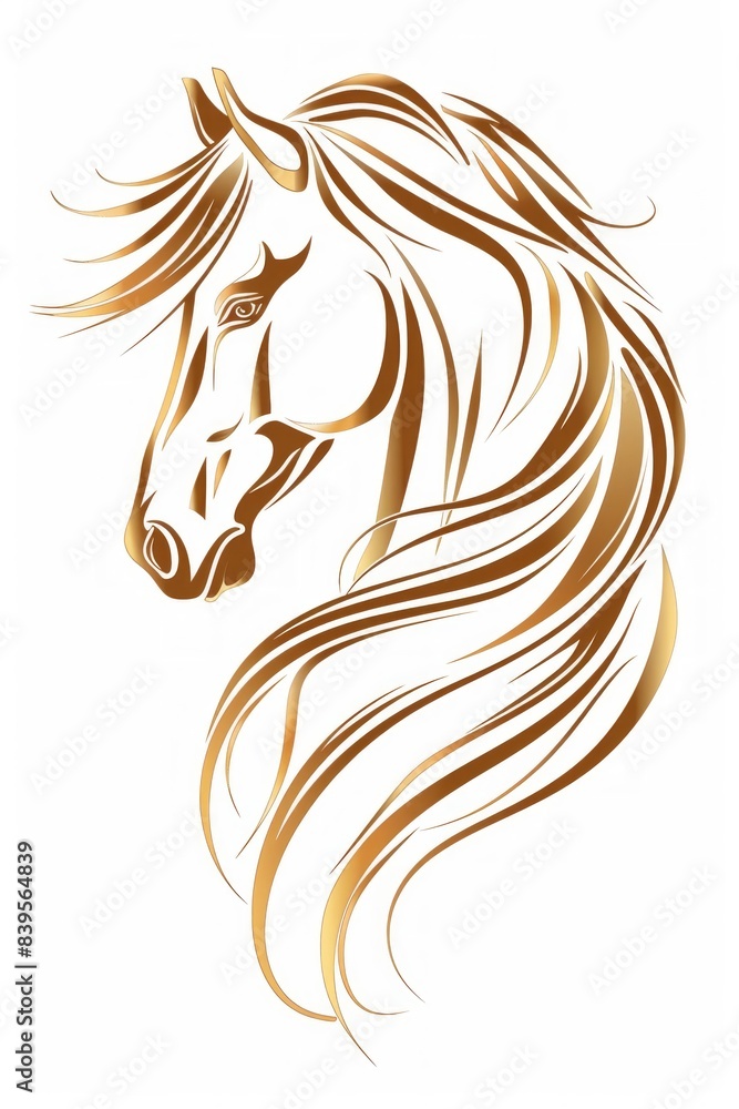 minimalist illustration of a golden horse head with flowing mane on a white background. minimalist illustration of a golden horse head with flowing mane on a white background.