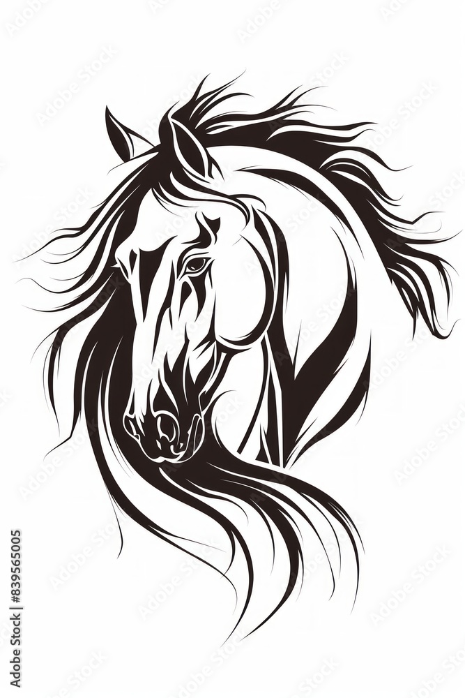 minimalist black and white illustration of a horses head with a flowing mane. minimalist black and white illustration of a horses head with a flowing mane.