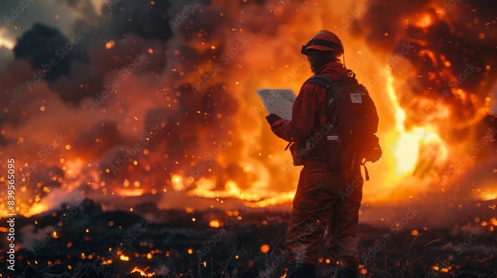 Exploring Volcanic Activity - Geologist Researching in Intense Fiery Hues with Double Exposure Silhouette of Erupting Volcanoes, Copy Space Exploring Volcanic Activity - Geologist Researching in Intense Fiery Hues with Double Exposure Silhouette of Erupting Volcanoes, Copy Space