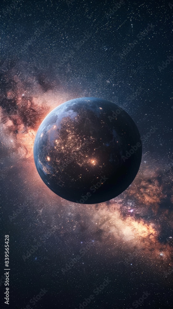 Obraz premium Mysterious planet Earth against a vivid Milky Way background. Showcasing the dark side of the planet with the galactic core illuminating the scene
