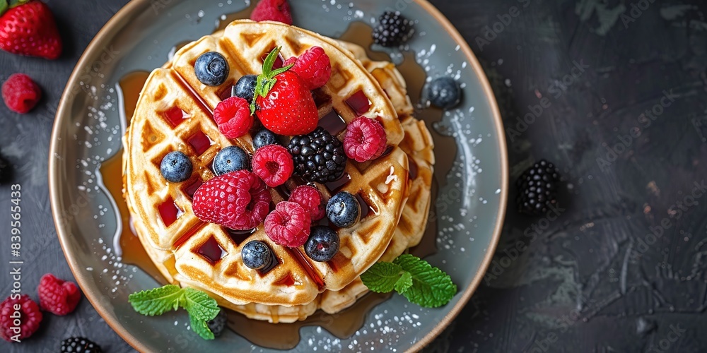 Belgian waffles with strawberries, blueberries and syrup, homemade healthy breakfast Belgian waffles with strawberries, blueberries and syrup, homemade healthy breakfast
