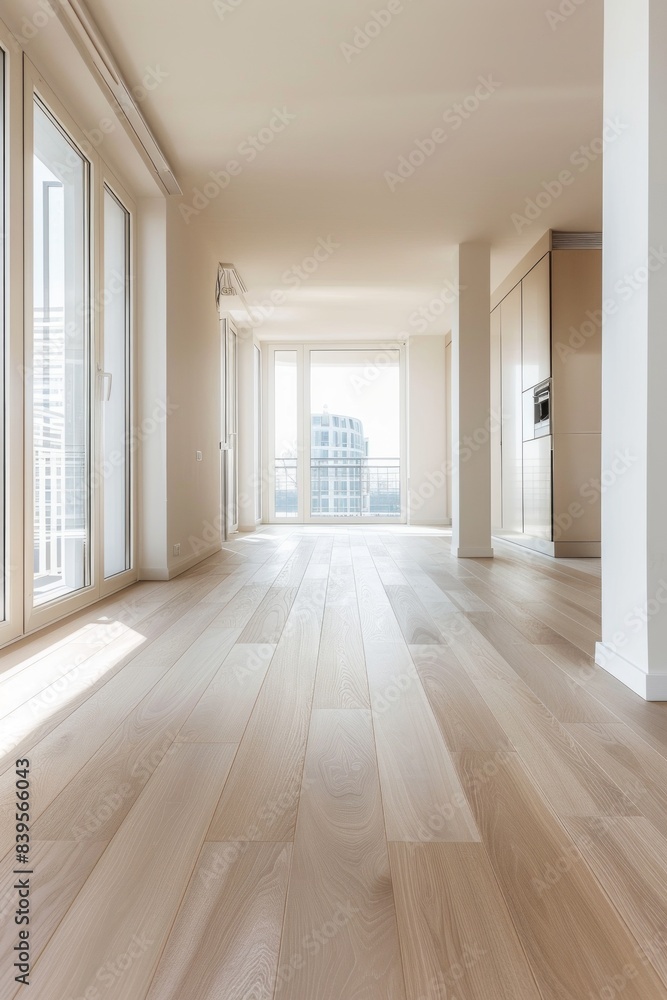 Ultra-sharp photo showcasing an empty flat with sleek wooden beech flooring and expansive windows Ultra-sharp photo showcasing an empty flat with sleek wooden beech flooring and expansive windows