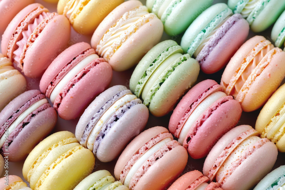 A lavish assortment of macarons in different flavors and colors, tightly arranged to fill the entire frame. The macarons display a palette of pastel and bright colors A lavish assortment of macarons in different flavors and colors, tightly arranged to fill the entire frame. The macarons display a palette of pastel and bright colors
