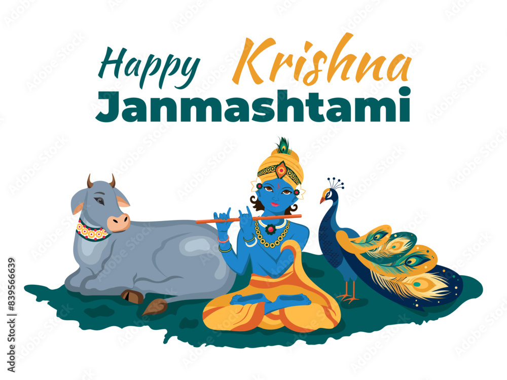 Fototapeta premium Happy Krishna Janmashtami. Krishna, cow and peacock