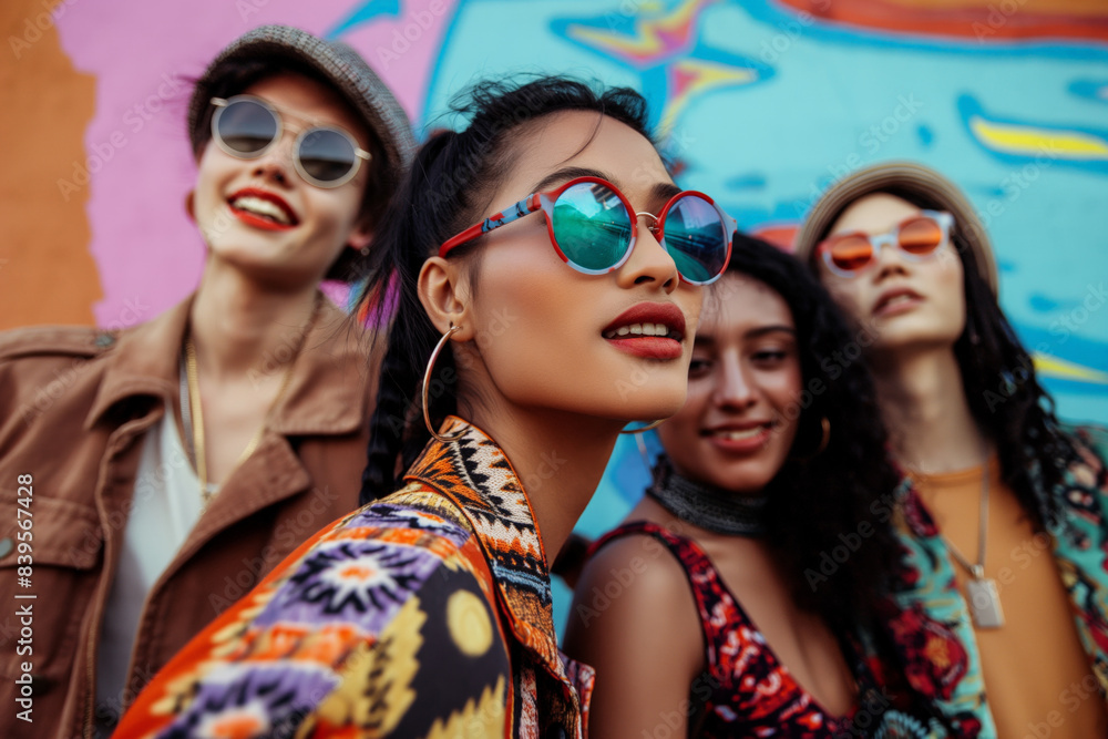 Four fashionable people striking a pose against a vibrant, graffiti-covered wall. They are showcasing their unique styles and enjoying each other's company in an urban setting Four fashionable people striking a pose against a vibrant, graffiti-covered wall. They are showcasing their unique styles and enjoying each other's company in an urban setting