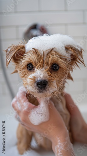 Bright and clean scene of a pet owner gently washing their puppy in a minimalistic setup, isolated on a white background. 