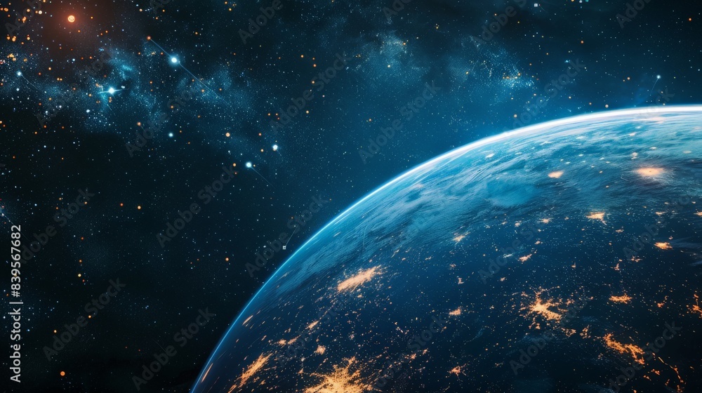 Obraz premium Breathtaking view of Earth from space with city lights glowing brightly. Emphasizing the connectivity and urbanization of our planet