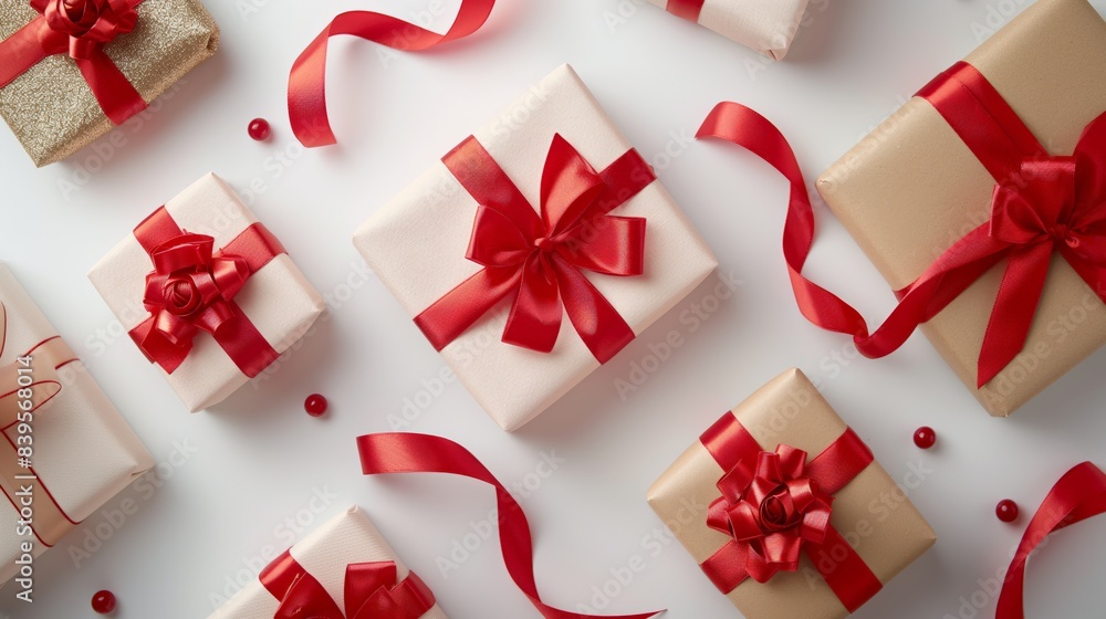 Minimalistic and bright arrangement of Christmas gifts, featuring beautifully wrapped presents with elegant ribbons, isolated on a white background. Ideal for highlighting festive celebrations and hol Minimalistic and bright arrangement of Christmas gifts, featuring beautifully wrapped presents with elegant ribbons, isolated on a white background. Ideal for highlighting festive celebrations and hol