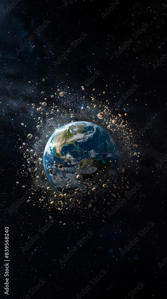 Dramatic depiction of Earth surrounded by asteroids in outer space. Illustrating the dynamic and potentially hazardous environment of our planet. Perfect for space hazard awareness and sci-fi themes Dramatic depiction of Earth surrounded by asteroids in outer space. Illustrating the dynamic and potentially hazardous environment of our planet. Perfect for space hazard awareness and sci-fi themes