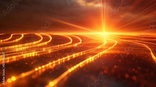 An abstract image featuring glowing, golden pathways that converge towards a bright sunset in the distance photo