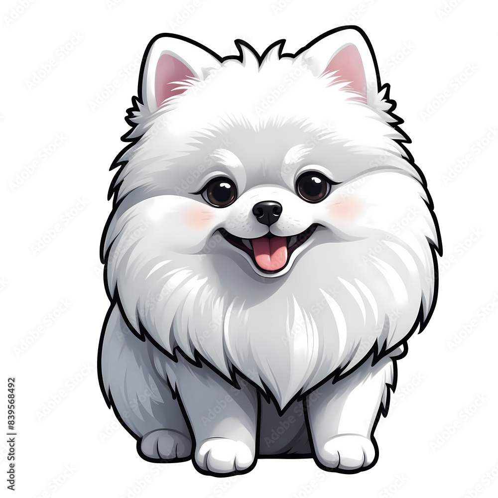 Cute Childish Kawaii White Pomeranian Dog Character Sticker with Fluffy Fur, Big Smile, and Sparkling Eyes, Tongue Sticking Out, Thick Black Outline, Generative AI Cute Childish Kawaii White Pomeranian Dog Character Sticker with Fluffy Fur, Big Smile, and Sparkling Eyes, Tongue Sticking Out, Thick Black Outline, Generative AI