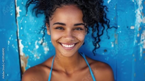 Woman with curly hair smiles brightly against a blue wall