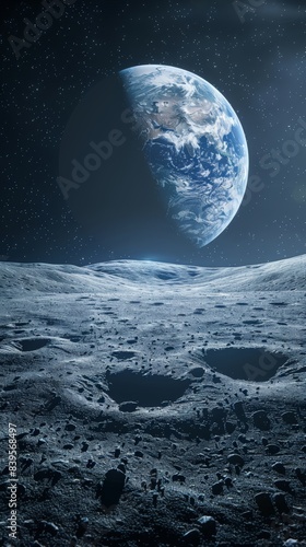 Spectacular Earthrise over the moon with stars in the background. Illustrating the magnificent view from lunar surface