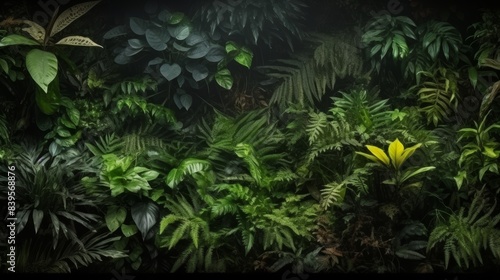 Tropical jungle border with lush leaves frame  empty center space for text  forest background