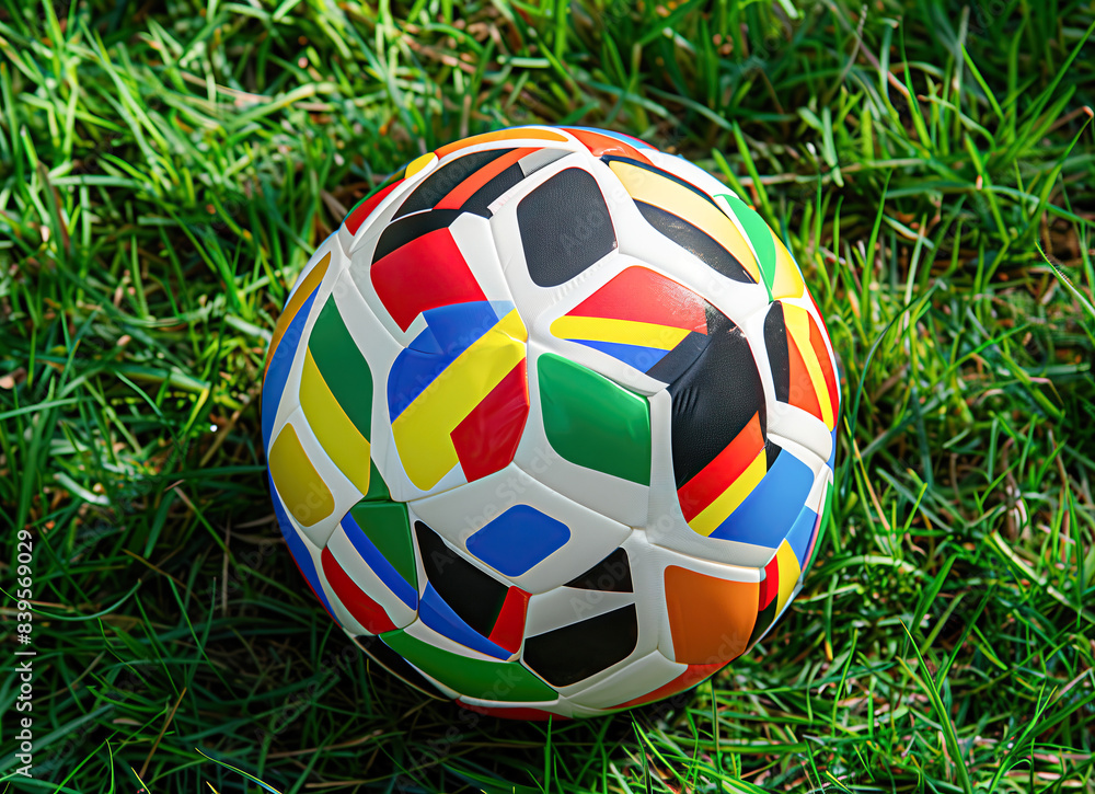 Fototapeta premium Colorful Soccer Ball on Grass Field in Sunny Weather