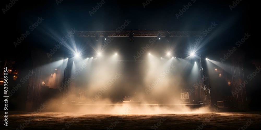 Obraz premium Spotlights, smoke, and copy space on concert stage for text or visuals. Concept Concert Stage, Spotlights, Smoke Effects, Copy Space, Visuals