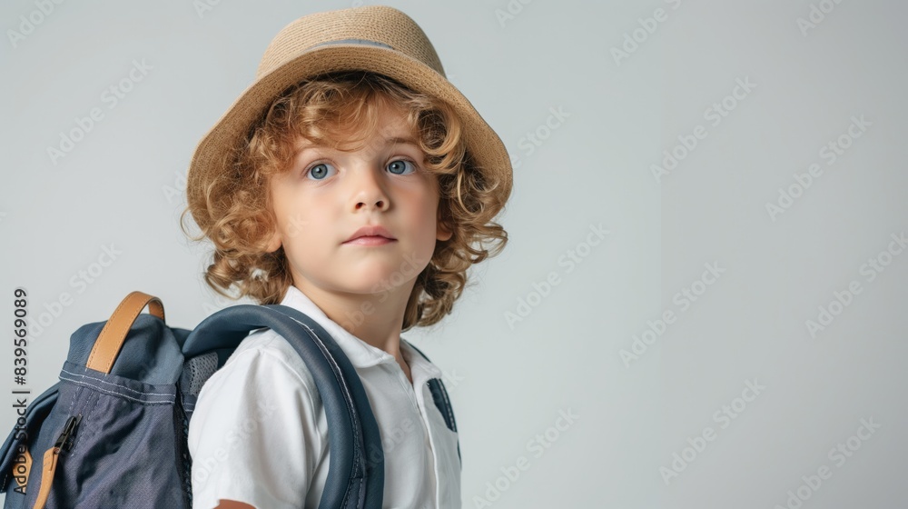 Bright and light scene of a child with a backpack on their first day of school in an elegant and minimalistic design, isolated on a white background. Ideal for illustrating new beginnings and school e Bright and light scene of a child with a backpack on their first day of school in an elegant and minimalistic design, isolated on a white background. Ideal for illustrating new beginnings and school e