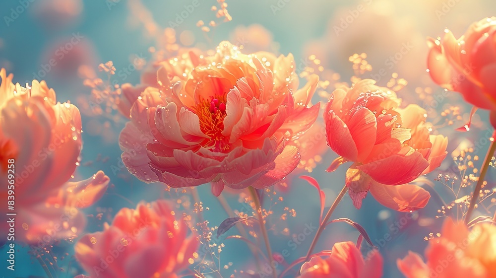 Vibrant Peonies in Full Bloom Double Exposure Silhouette with Copy Space for Spring Concept. Vibrant Peonies in Full Bloom Double Exposure Silhouette with Copy Space for Spring Concept.