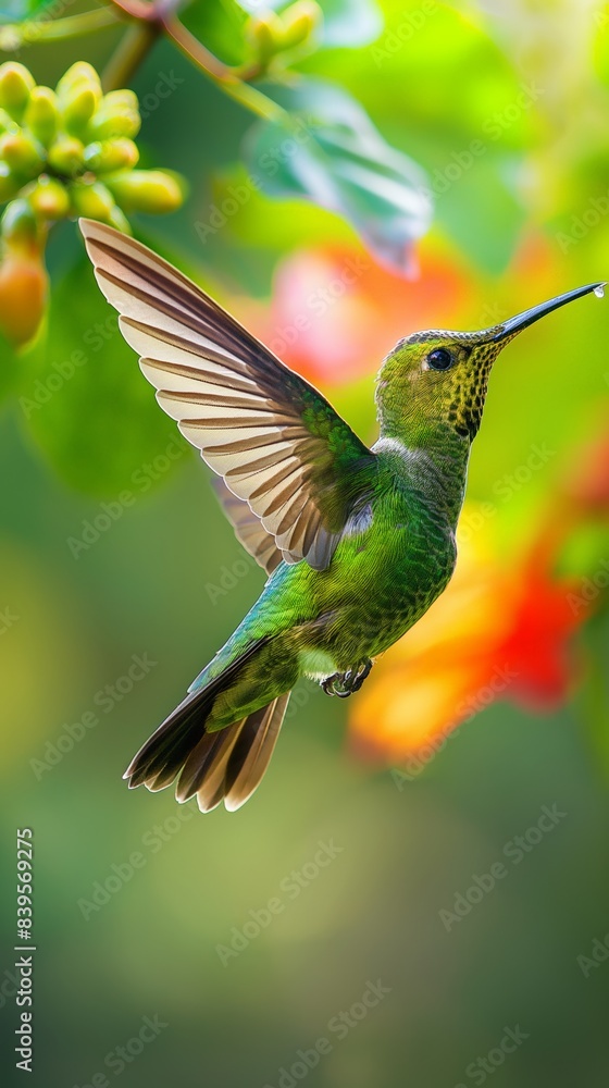 Obraz premium Minimalistic and light scene of a hummingbird drinking nectar, bright and clean, isolated on a white background. Perfect for illustrating avian grace and natural elegance. 