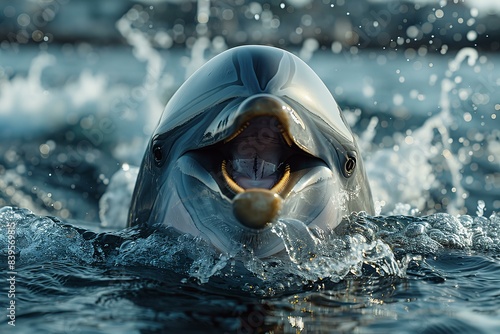 Digital image of  dolphin with an open mouth floating in the water  smiling at the camera