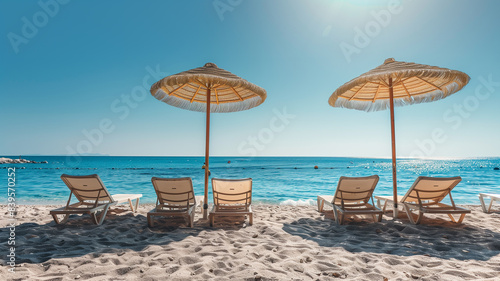 Holiday or vacation concept. Straw parasols and sunbeds on sandy beach with ocean or sea on the background.