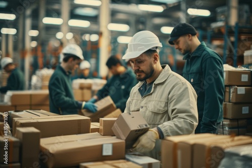 A group of warehouse workers wearing hard hats are busy working in a warehouse, surrounded by shelves and boxes. AI.