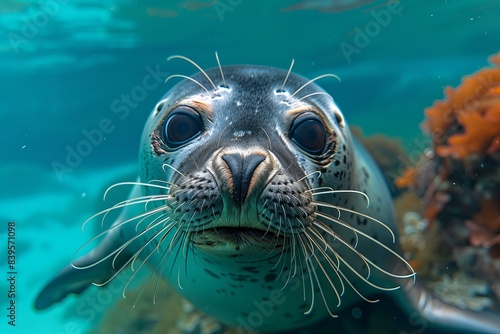 Featuring a photo of a seal looking up at the camera with its mouth open underwater. web banner with empty space on the right © Huyen