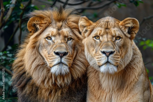 A pair of lions staring at the camera. AI.