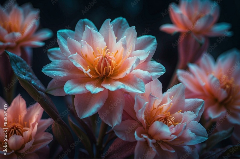 Close-up of a flower in bloom with a dark background. AI. Close-up of a flower in bloom with a dark background. AI.