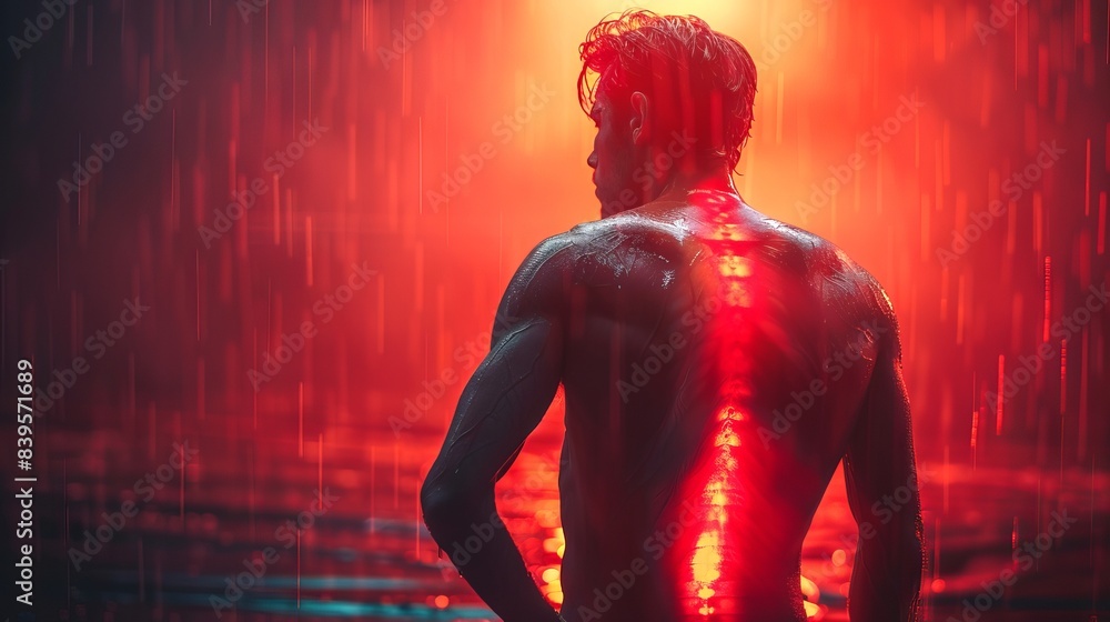 Muscular man with spine highlighted in red light under the rain. Concept of male anatomy, health, back pain, fitness, spinal health Muscular man with spine highlighted in red light under the rain. Concept of male anatomy, health, back pain, fitness, spinal health