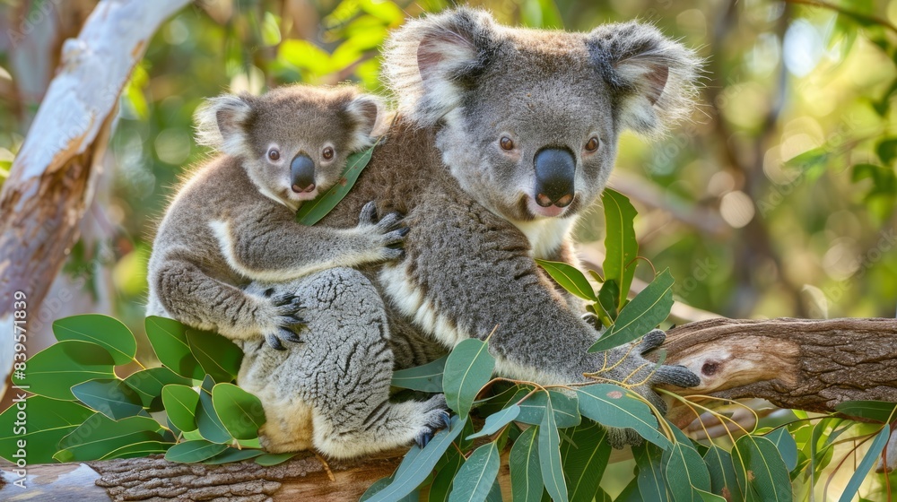 Koala mother and baby perched on a eucalyptus tree. Adult koala with a young joey in a natural setting. Concepts of wildlife, parenting, nature, Australian animals Koala mother and baby perched on a eucalyptus tree. Adult koala with a young joey in a natural setting. Concepts of wildlife, parenting, nature, Australian animals
