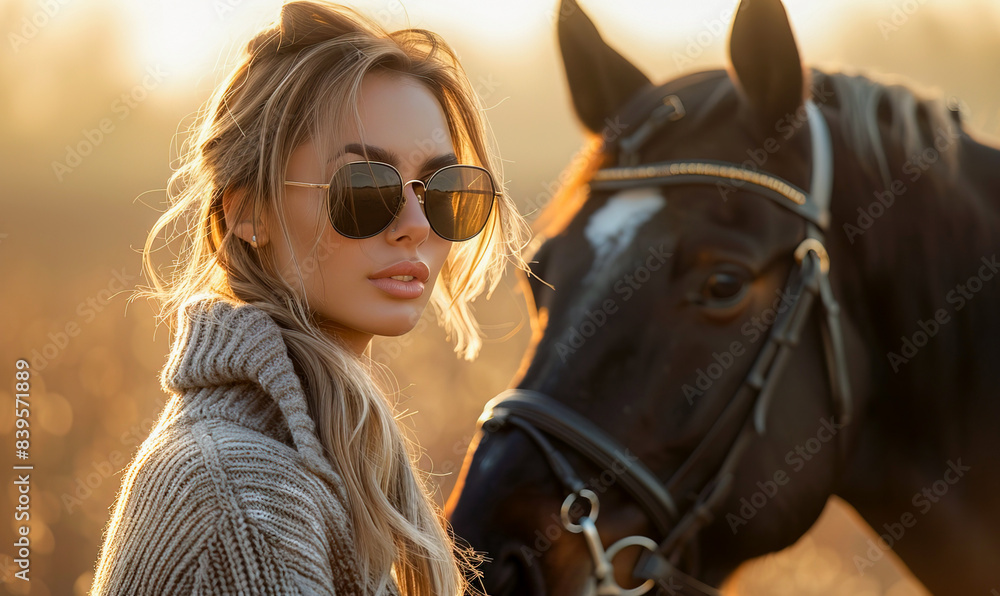 Obraz premium Elegant woman in oversized sunglasses standing beside a majestic black horse in the soft morning light. AI