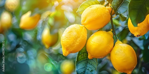 Ripe yellow lemons on a lemon tree in a farm captured in close-up. Concept Close-up Photography, Lemon Tree, Ripe Lemons, Farm Life, Vibrant Yellow