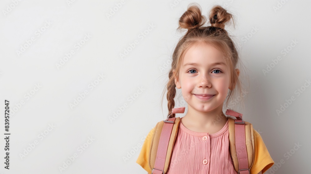 Smiling young girl with a unique hairstyle, wearing a pink dress and a backpack, ready for school, set against a plain background, capturing a cheerful and prepared moment. Smiling young girl with a unique hairstyle, wearing a pink dress and a backpack, ready for school, set against a plain background, capturing a cheerful and prepared moment.