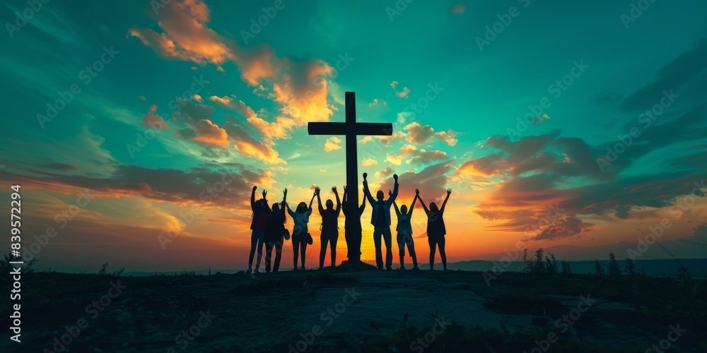 People raising their hands in front of a cross at sunset. AI. Stock ...