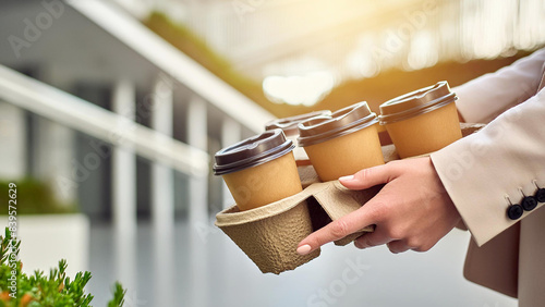 Hands of a person holding a few coffee mugs for takeaway to the office.
