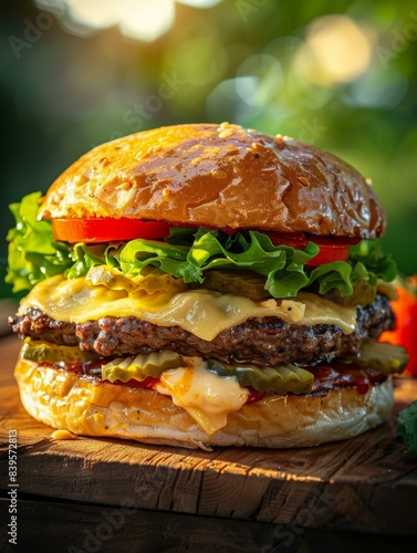 A delicious cheeseburger with lettuce, tomato, and pickles on a sesame seed bun. AI.