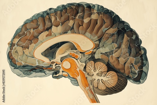 Illustration of the human brain showing detailed anatomy including the cerebellum, brainstem, and cortical structures. photo