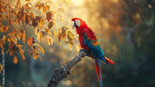 Vibrant red and blue parrot perched on a branch. Concept of exotic bird  wildlife  nature  avian  macaw