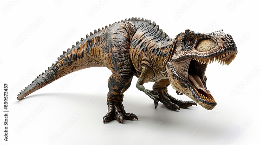 a ferocious Allosaurus isolated on a white background, displaying its powerful jaws and predatory gaze. a ferocious Allosaurus isolated on a white background, displaying its powerful jaws and predatory gaze.